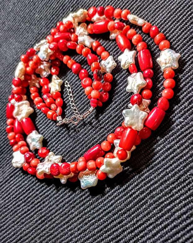 Colier argint X3 perle naturale de cultura stele baroc coral boho chic tremndy cadou - Transport gratuit