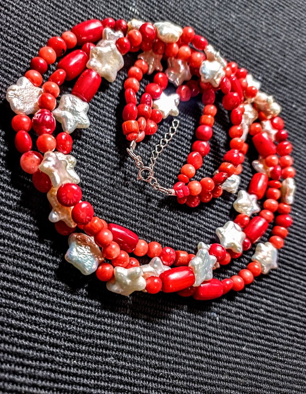 Colier argint X3 perle naturale de cultura stele baroc coral boho chic tremndy cadou - Transport gratuit