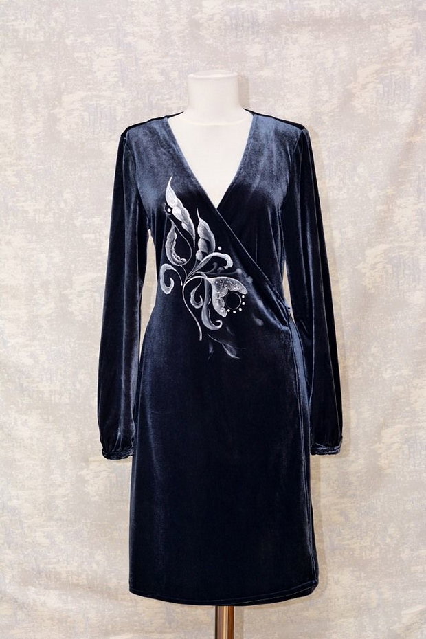 Rochie de catifea, bleumarin, pictata, unicat