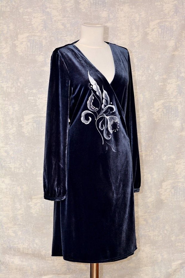 Rochie de catifea, bleumarin, pictata, unicat