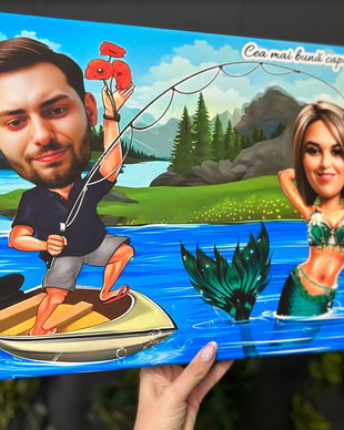 Tablou caricatura pescar si sirena