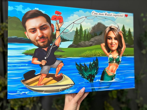 Tablou caricatura pescar si sirena