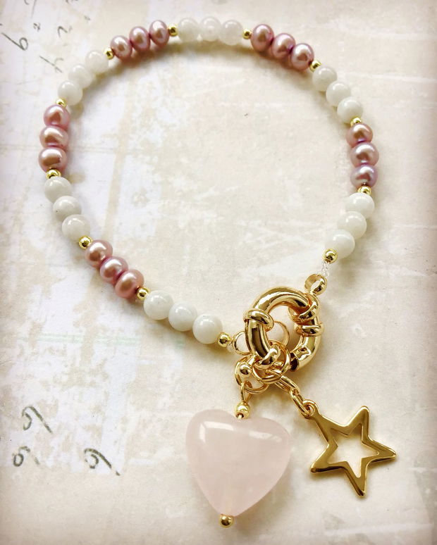 Bratara piatra lunii, perle de cultura rose & inima cuart roz