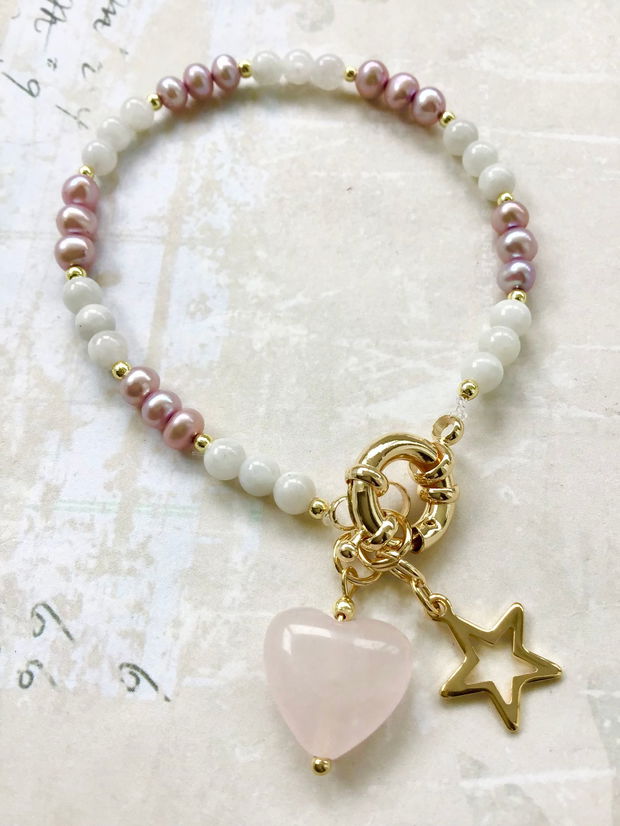 Bratara piatra lunii, perle de cultura rose & inima cuart roz
