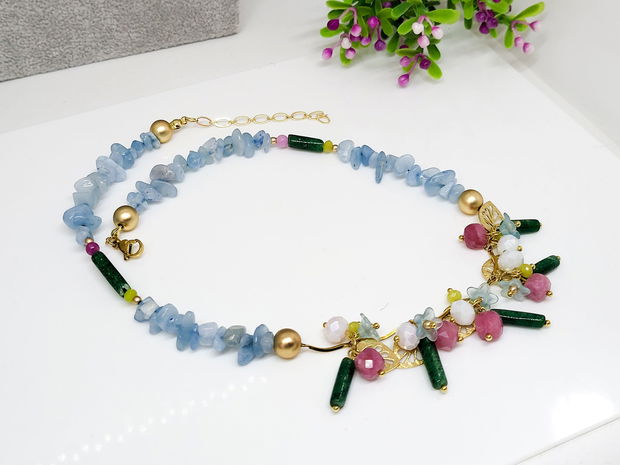 Colier aquamarin,agat si jad /charm floral cu frunze