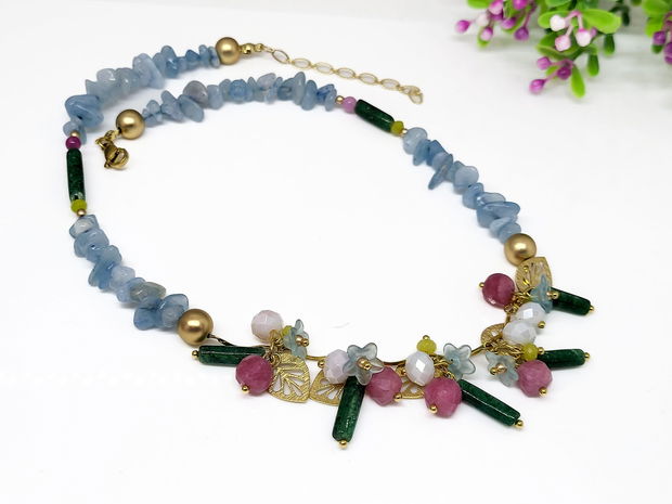Colier aquamarin,agat si jad /charm floral cu frunze