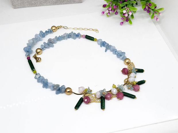 Colier aquamarin,agat si jad /charm floral cu frunze