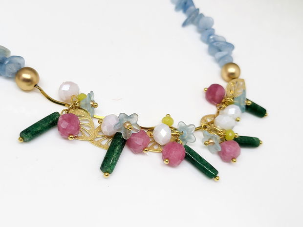 Colier aquamarin,agat si jad /charm floral cu frunze