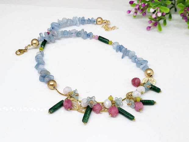 Colier aquamarin,agat si jad /charm floral cu frunze