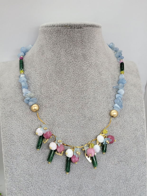 Colier aquamarin,agat si jad /charm floral cu frunze