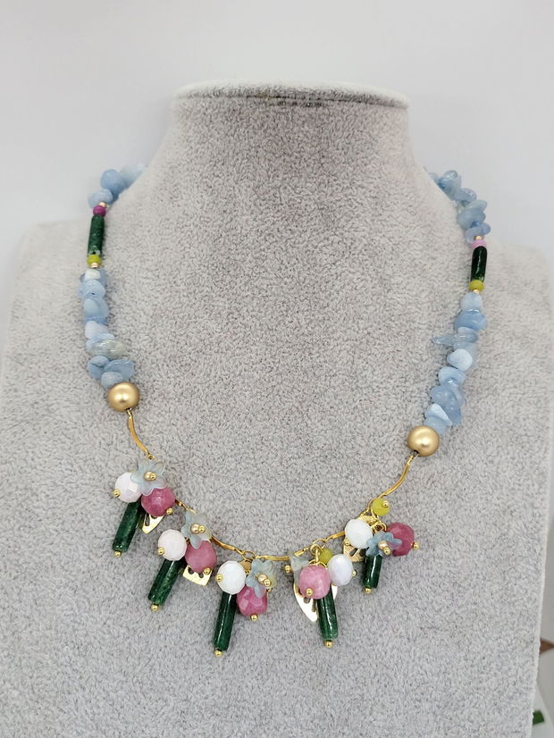 Colier aquamarin,agat si jad /charm floral cu frunze