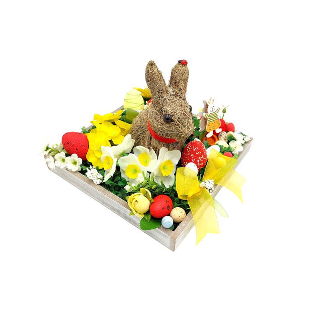 Aranjament floral de Paste in tava lemn cu iepuras de paie, 4465