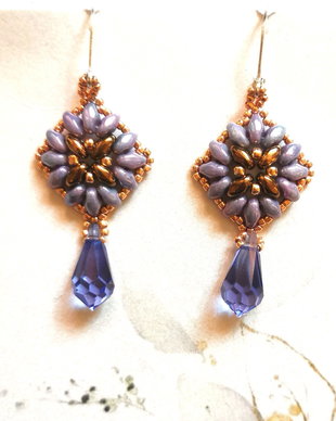 Cercei cristal ametist si auriu handmade cu argint