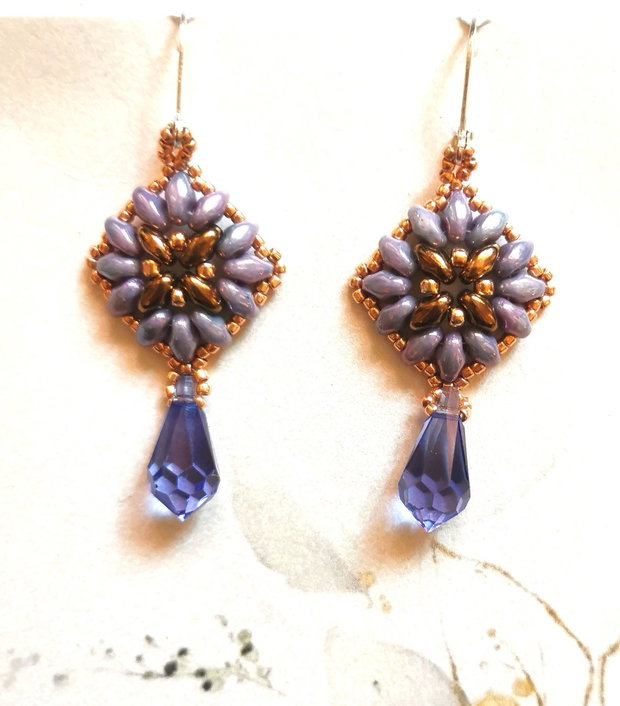 Cercei cristal ametist si auriu handmade cu argint