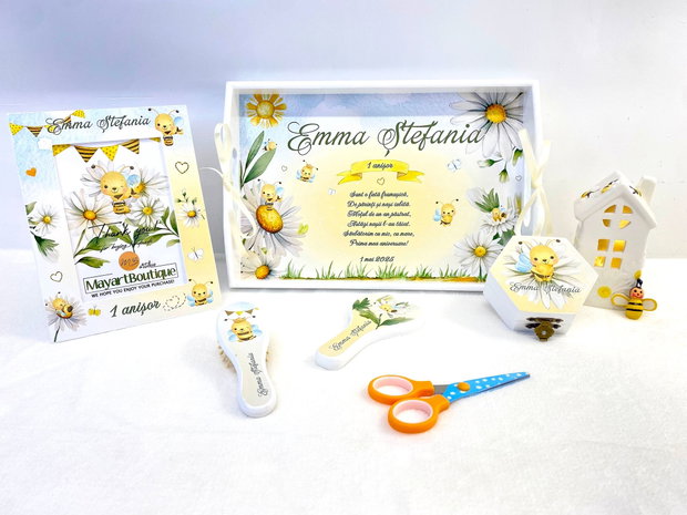 Set aniversar personalizat 1 anisor - Albinute si margarete - Tavita turta si accesorii