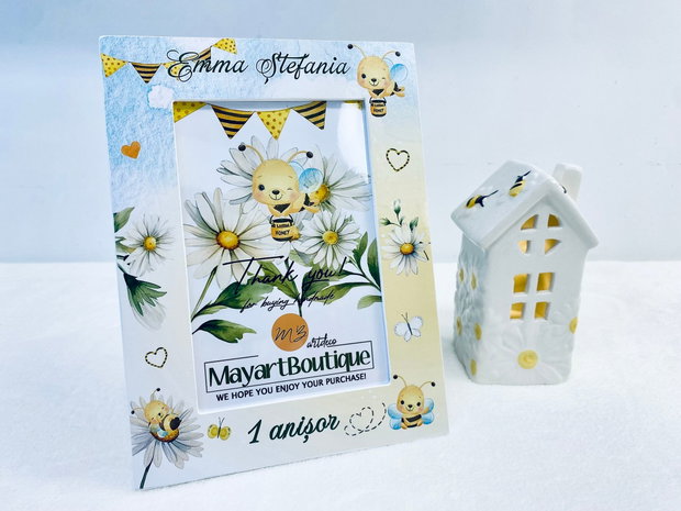 Set aniversar personalizat 1 anisor - Albinute si margarete - Tavita turta si accesorii