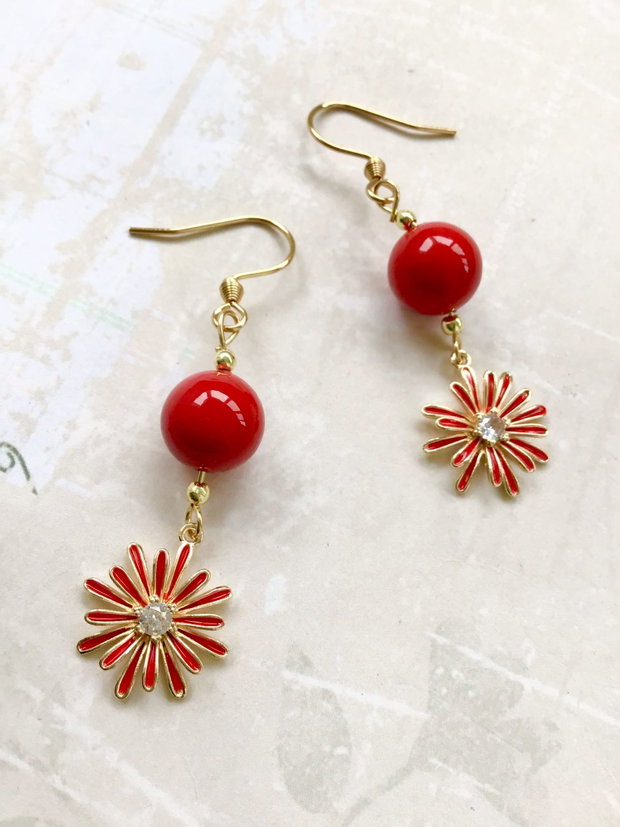 Cercei Perle de Mallorca rosii & flori rosii