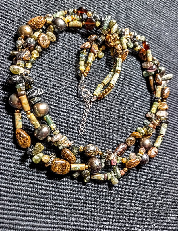 Colier X3 perle naturale de cultura bronzit riolit turmalina hematit boho chic trendy cadou - Transport gratuit