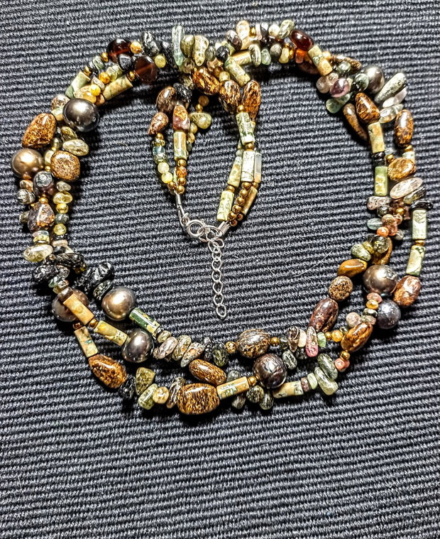 Colier X3 perle naturale de cultura bronzit riolit turmalina hematit boho chic trendy cadou - Transport gratuit