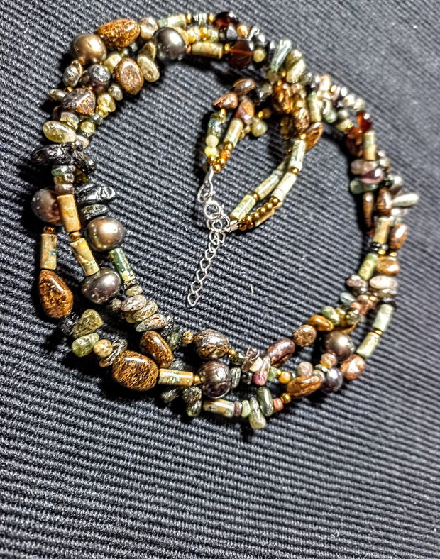 Colier X3 perle naturale de cultura bronzit riolit turmalina hematit boho chic trendy cadou - Transport gratuit