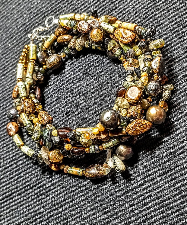 Colier X3 perle naturale de cultura bronzit riolit turmalina hematit boho chic trendy cadou - Transport gratuit