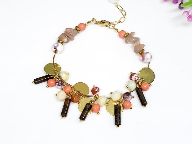 Bratara charm banut /agat,ochi de tigru ,perle Mallorca,piatra soarelui/ inox auriu