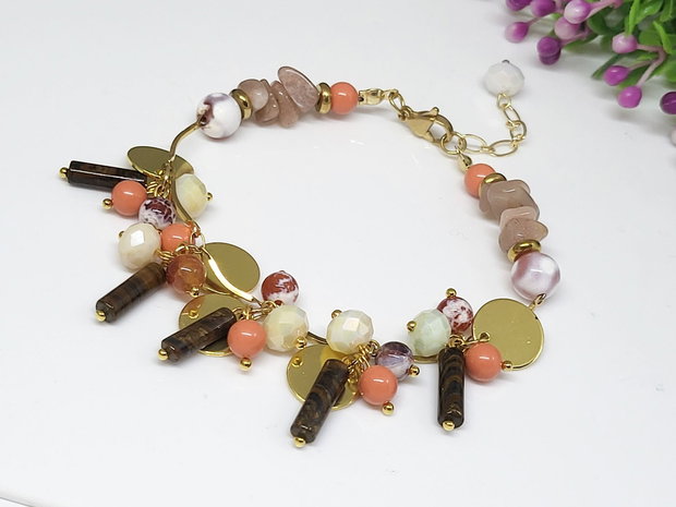 Bratara charm banut /agat,ochi de tigru ,perle Mallorca,piatra soarelui/ inox auriu