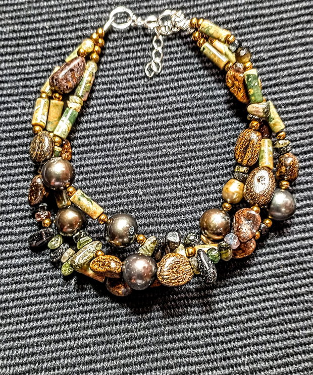 Bratara argint X3 perle naturale de cultura bronzit riolit turmalina hematit boho chic trendy - Transport gratuit