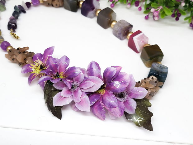 Colier clematite mov/agat,piatra lunii si jad
