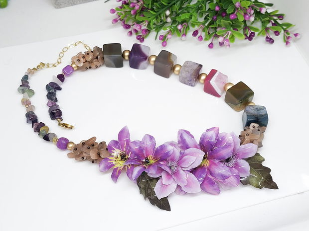 Colier clematite mov/agat,piatra lunii si jad