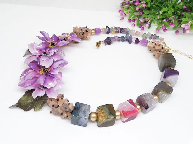Colier clematite mov/agat,piatra lunii si jad