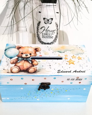 Cutie de dar botez baietel, ursulet cu baloane