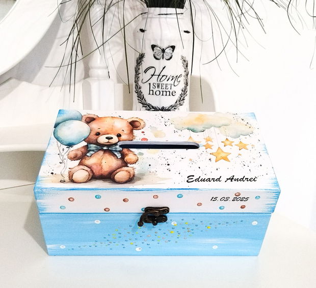 Cutie de dar botez baietel, ursulet cu baloane
