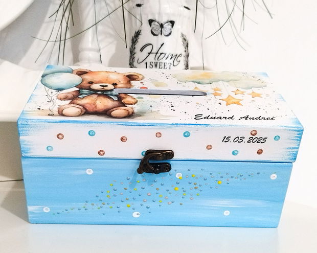Cutie de dar botez baietel, ursulet cu baloane