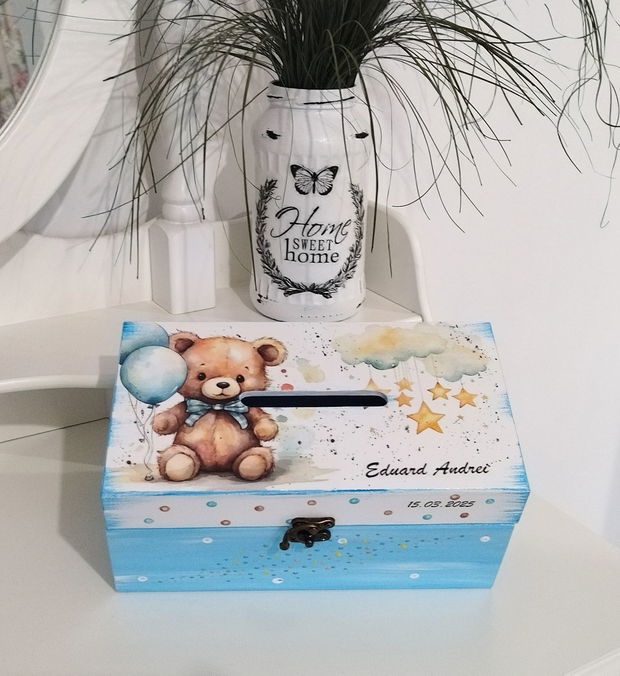 Cutie de dar botez baietel, ursulet cu baloane