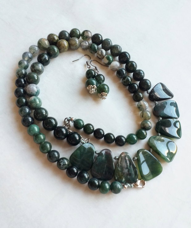 Set colier și cercei agate moss verzi