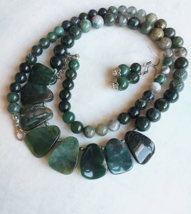 Set colier și cercei agate moss verzi