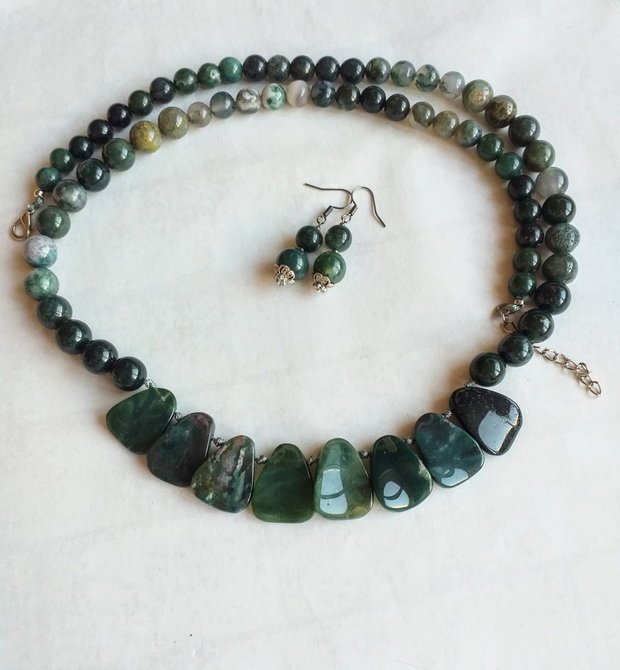 Set colier și cercei agate moss verzi