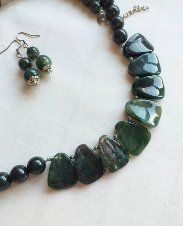 Set colier și cercei agate moss verzi