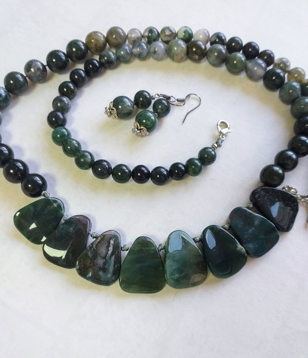 Set colier și cercei agate moss verzi