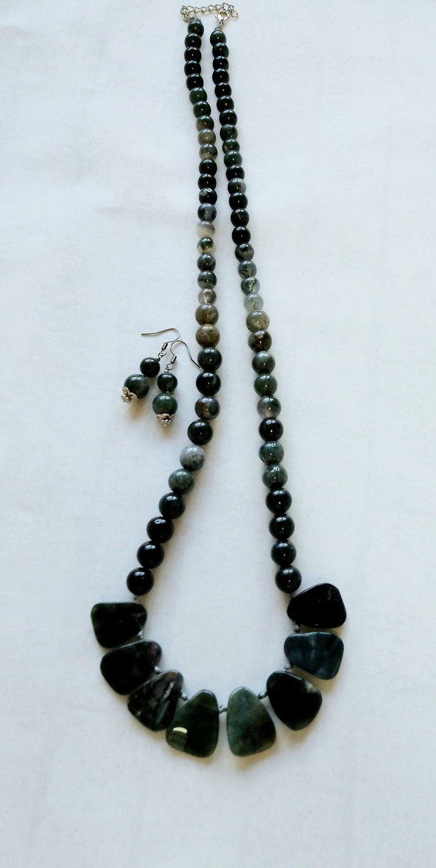 Set colier și cercei agate moss verzi
