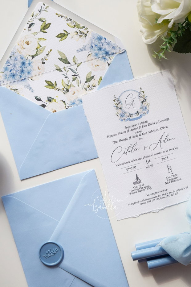 Invitație nuntă Hortensie Albastră