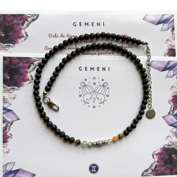 Colier la baza gatului cu 7 cristale si lava vulcanica pentru zodia Gemeni