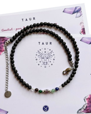 Colier la baza gatului cu 7 cristale si lava vulcanica pentru zodia Taur