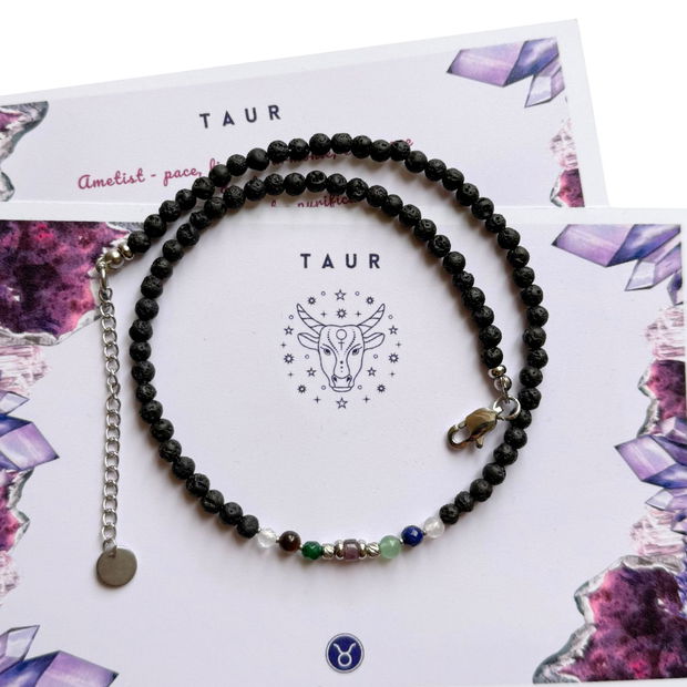 Colier la baza gatului cu 7 cristale si lava vulcanica pentru zodia Taur