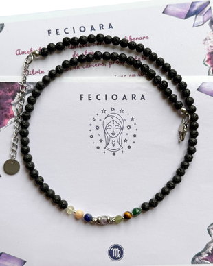 Colier la baza gatului cu 7 cristale si lava vulcanica pentru zodia Fecioara