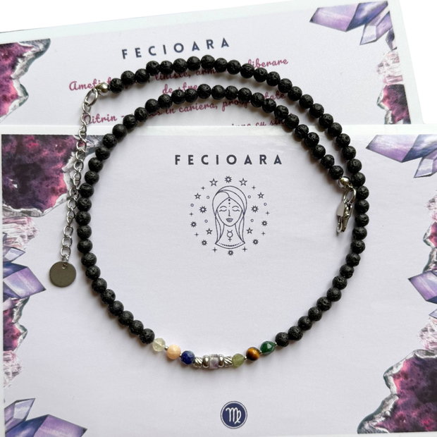 Colier la baza gatului cu 7 cristale si lava vulcanica pentru zodia Fecioara