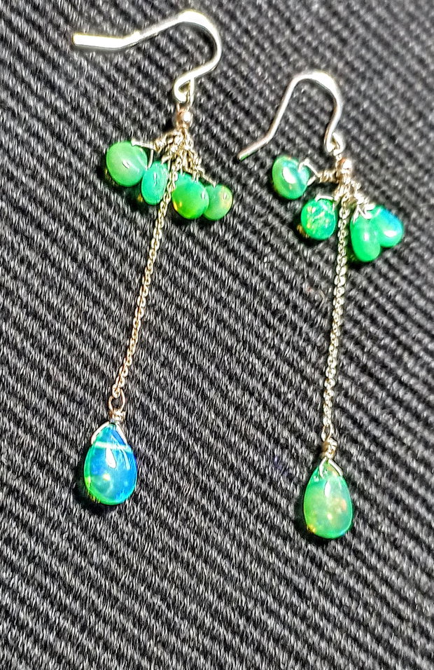 Cercei argint opal de foc etiopian verde briolete lant argint lungi minimalisti boho chic trendy cadou - Transport gratuit