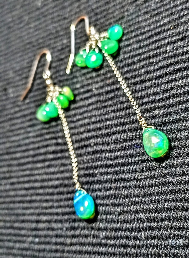 Cercei argint opal de foc etiopian verde briolete lant argint lungi minimalisti boho chic trendy cadou - Transport gratuit