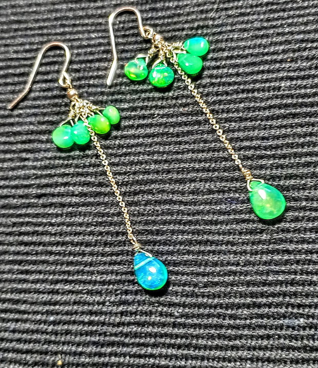 Cercei argint opal de foc etiopian verde briolete lant argint lungi minimalisti boho chic trendy cadou - Transport gratuit